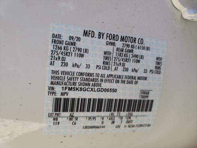 1FM5K8GCXLGD06550 - 2020 FORD EXPLORER ST WHITE photo 10