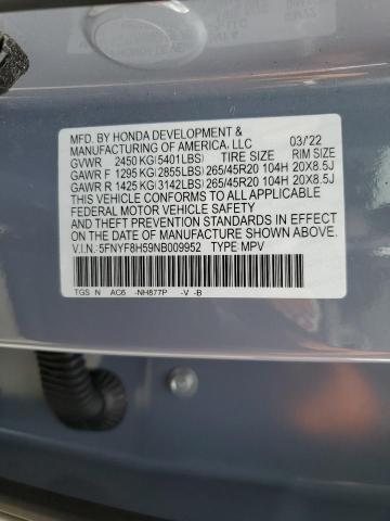 5FNYF8H59NB009952 - 2022 HONDA PASSPORT EXL ნაცრისფერი ფოტო 12