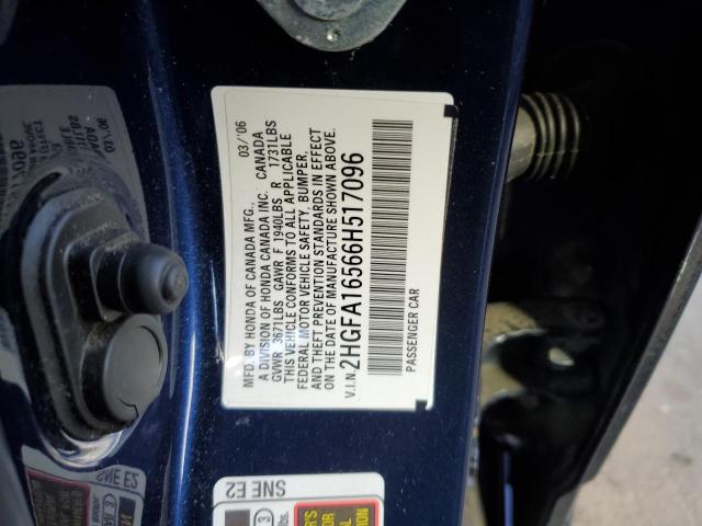 2HGFA16566H517096 - 2006 HONDA CIVIC LX BLUE photo 12