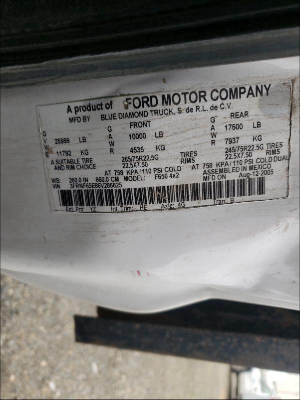 3FRNF65E86V286825 - 2006 FORD F650 SUPER DUTY WHITE photo 10