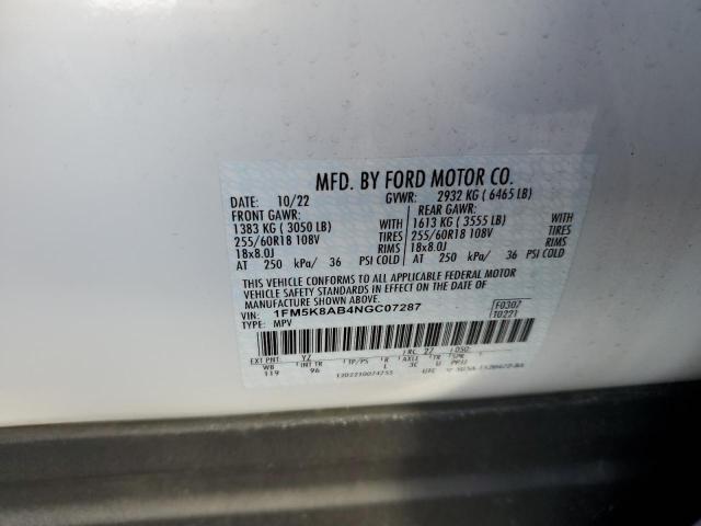 1FM5K8AB4NGC07287 - 2022 FORD EXPLORER POLICE INTERCEPTOR WHITE photo 12