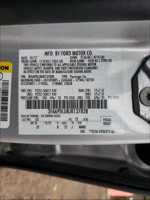 3FA6P0LU8JR137828 - 2018 FORD FUSION SE HYBRID SILVER photo 10