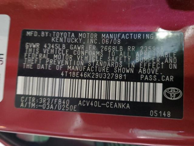 4T1BE46K29U327981 - 2009 TOYOTA CAMRY BASE RED photo 13