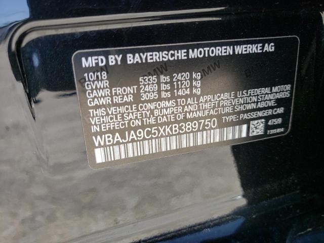 WBAJA9C5XKB389750 - 2019 BMW 530E BLACK photo 12