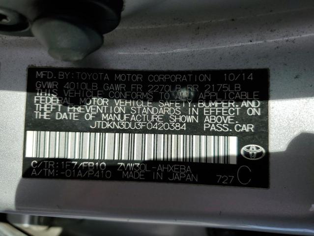 JTDKN3DU3F0420384 - 2015 TOYOTA PRIUS SILVER photo 13