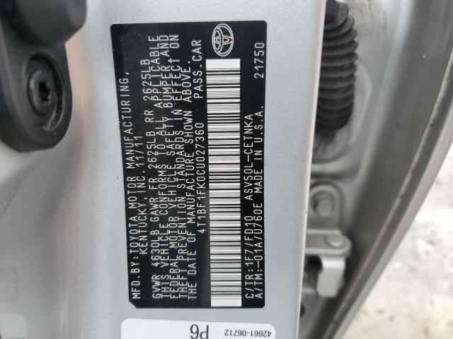 4T1BF1FK0CU027360 - 2012 TOYOTA CAMRY BASE SILVER photo 12
