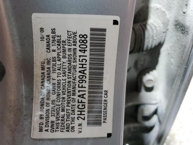 2HGFA1F99AH514088 - 2010 HONDA CIVIC EXL ვერცხლისფერი ფოტო 12