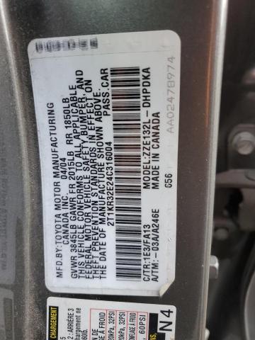 2T1KR32E24C316004 - 2004 TOYOTA COROLLA MA XR GRAY photo 12