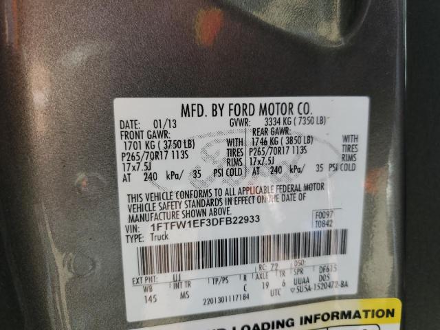 1FTFW1EF3DFB22933 - 2013 FORD F150 SUPERCREW GRAY photo 13