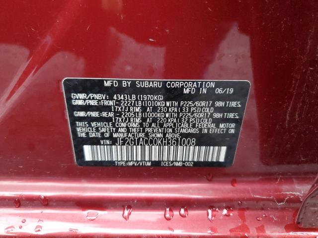 JF2GTACC0KH361008 - 2019 SUBARU CROSSTREK PREMIUM 勃艮第红 照片 12