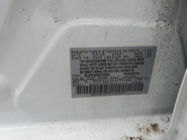 3N1AB7AP9KY335384 - 2019 NISSAN SENTRA S WHITE photo 12