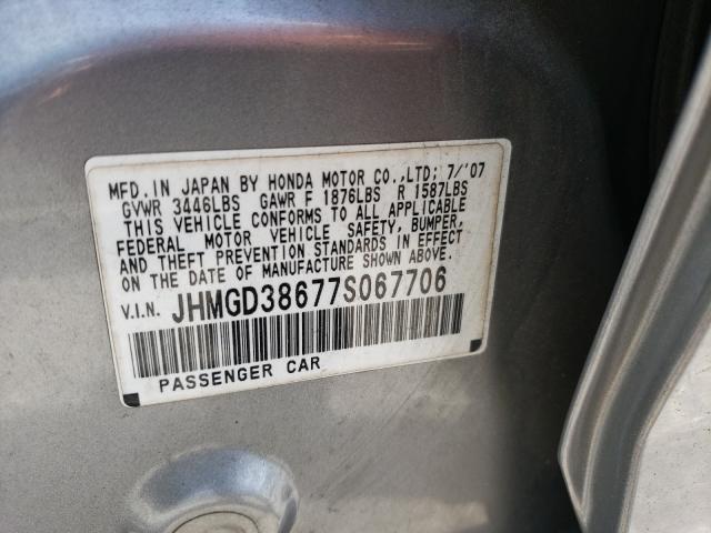 JHMGD38677S067706 - 2007 HONDA FIT S SILVER photo 10