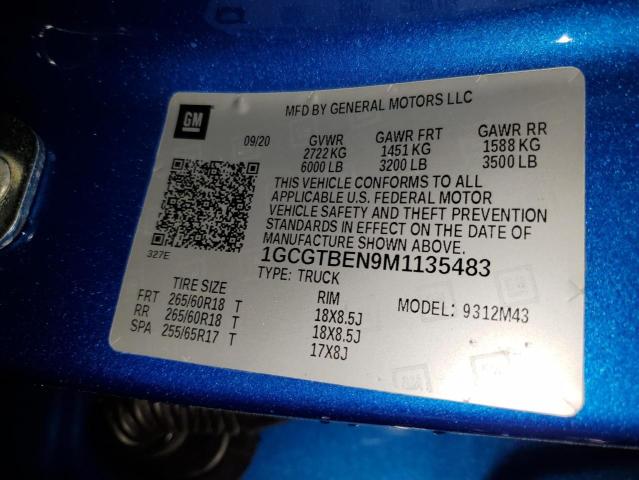 1GCGTBEN9M1135483 - 2021 CHEVROLET COLORADO BLUE photo 12