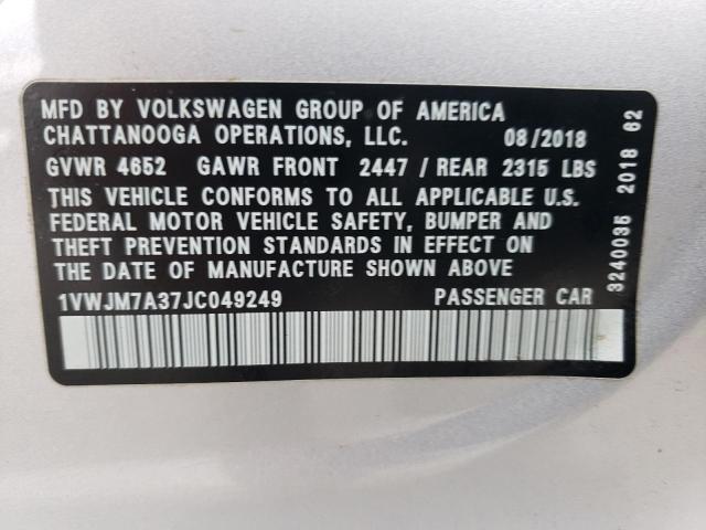 1VWJM7A37JC049249 - 2018 VOLKSWAGEN PASSAT GT SILVER photo 12