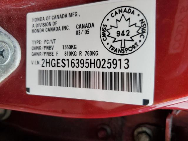 2HGES16395H025913 - 2005 HONDA CIVIC DX VP RED photo 12