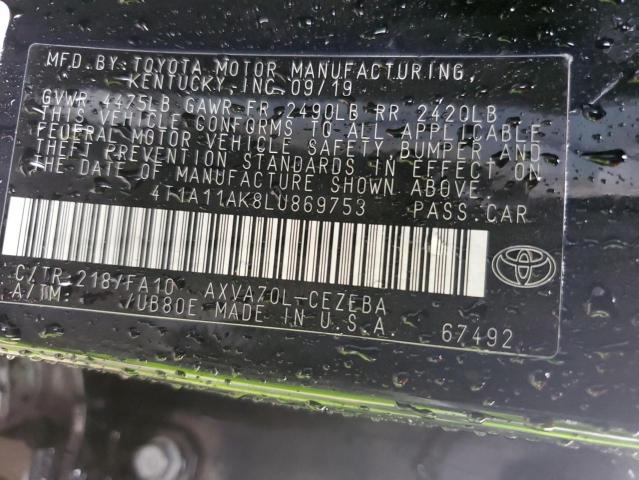 4T1A11AK8LU869753 - 2020 TOYOTA CAMRY L BLACK photo 13