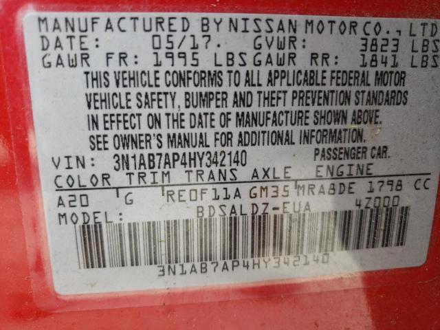 3N1AB7AP4HY342140 - 2017 NISSAN SENTRA S RED photo 12