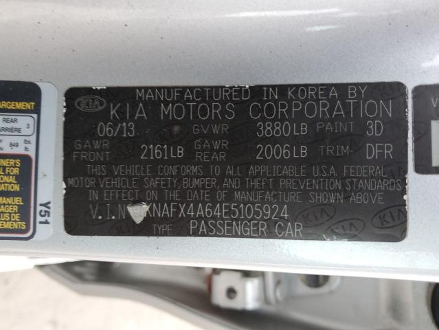 KNAFX4A64E5105924 - 2014 KIA FORTE LX SILVER photo 13