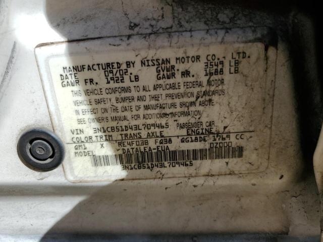 3N1CB51D43L709465 - 2003 NISSAN SENTRA XE WHITE photo 12