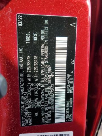 5TDGZRBH9NS573513 - 2022 TOYOTA HIGHLANDER XLE RED photo 13