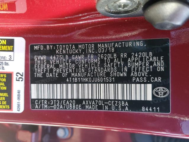 4T1B11HK0JU601531 - 2018 TOYOTA CAMRY L BURGUNDY photo 12