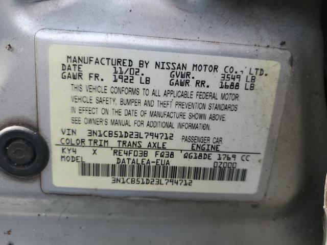 3N1CB51D23L794712 - 2003 NISSAN SENTRA XE SILVER photo 12