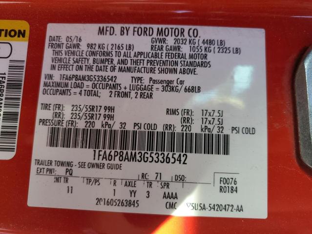 1FA6P8AM3G5336542 - 2016 FORD MUSTANG RED photo 12