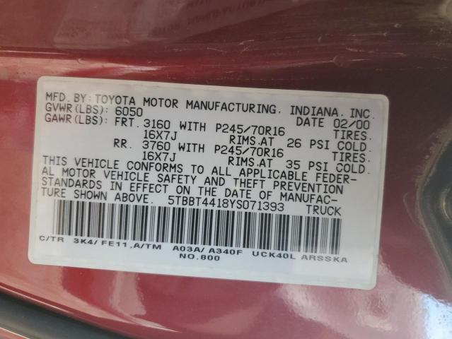 5TBBT4418YS071393 - 2000 TOYOTA TUNDRA ACCESS CAB MAROON photo 12