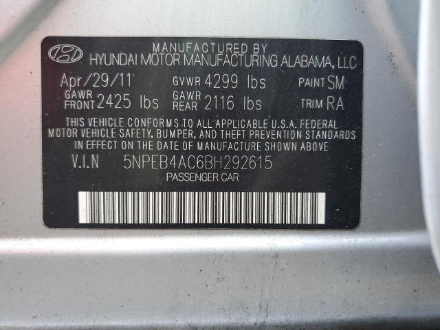 5NPEB4AC6BH292615 - 2011 HYUNDAI SONATA GLS SILVER photo 12