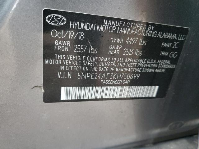 5NPE24AF3KH750699 - 2019 HYUNDAI SONATA SE GRAY photo 12