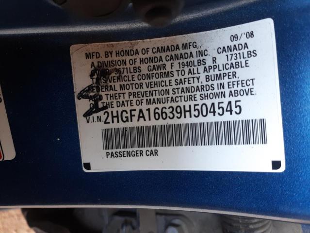 2HGFA16639H504545 - 2009 HONDA CIVIC LX-S Կապույտ լուսանկար 12