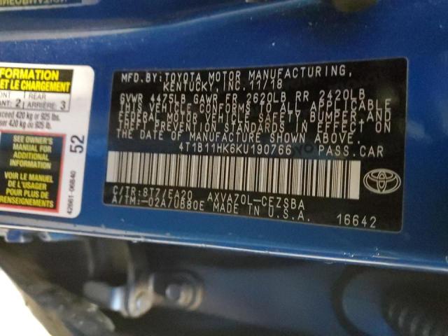 4T1B11HK6KU190766 - 2019 TOYOTA CAMRY L BLUE photo 13