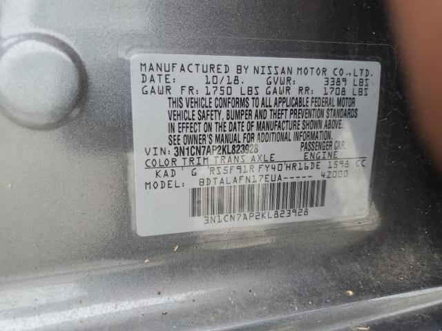 3N1CN7AP2KL823928 - 2019 NISSAN VERSA S GRAY photo 12