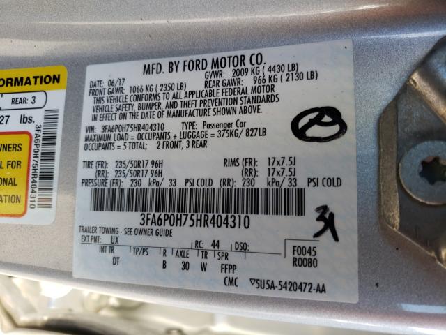 3FA6P0H75HR404310 - 2017 FORD FUSION SE SILVER photo 10