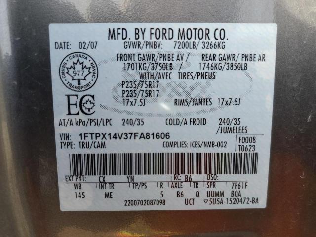 1FTPX14V37FA81606 - 2007 FORD F150 GRAY photo 12