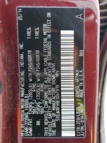 5TDJKRFH9ES047919 - 2014 TOYOTA HIGHLANDER XLE Bordo foto 13