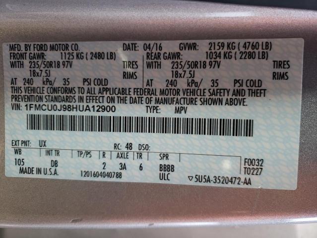 1FMCU0J98HUA12900 - 2017 FORD ESCAPE TITANIUM SILVER photo 12