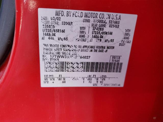 1FTWW33F02EC64027 - 2002 FORD F350 SUPER DUTY RED photo 12