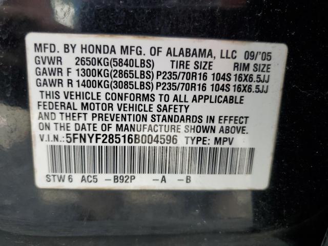 5FNYF28516B004596 - 2006 HONDA PILOT EX BLACK photo 13