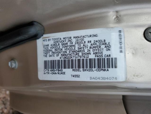 4T1BG22K71U797612 - 2001 TOYOTA CAMRY CE BEIGE photo 12