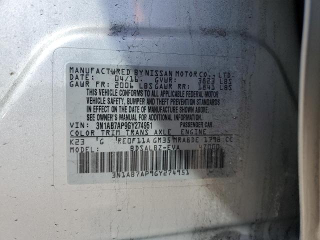 3N1AB7AP9GY274951 - 2016 NISSAN SENTRA S SILVER photo 12
