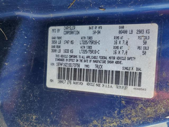 1B7HF16Z1SS173756 - 1995 DODGE RAM 1500 BLUE photo 12