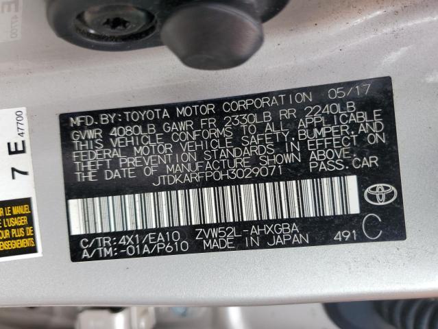 JTDKARFP0H3029071 - 2017 TOYOTA PRIUS PRIM ვერცხლისფერი ფოტო 12