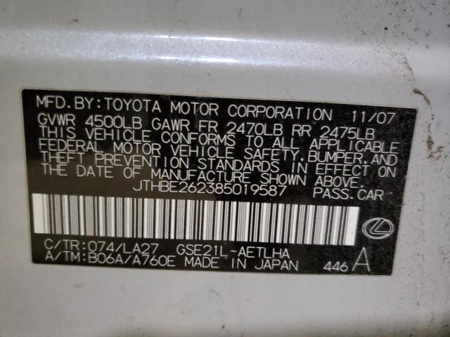 JTHBE262385019587 - 2008 LEXUS IS 350 WHITE photo 12