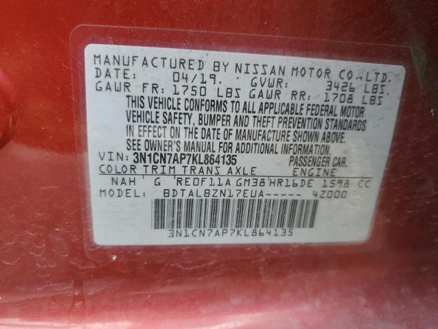 3N1CN7AP7KL864135 - 2019 NISSAN VERSA S RED photo 12