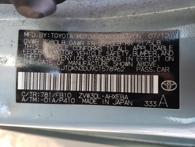 JTDKN3DU9C1578962 - 2012 TOYOTA PRIUS TURQUOISE photo 12