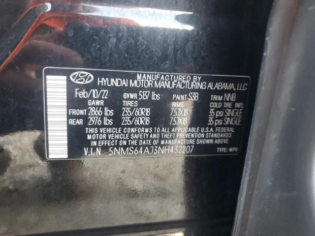 5NMS64AJ3NH432207 - 2022 HYUNDAI SANTA FE SEL BLACK photo 12