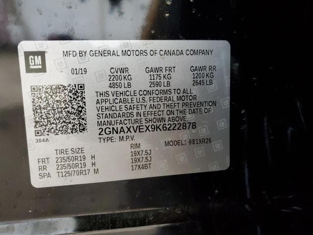 2GNAXVEX9K6222878 - 2019 CHEVROLET EQUINOX LT BLACK photo 13