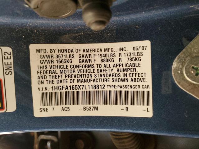 1HGFA165X7L118812 - 2007 HONDA CIVIC LX BLUE photo 12