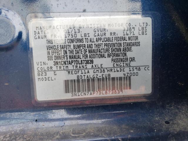 3N1CN7AP7DL873839 - 2013 NISSAN VERSA S BLUE photo 12